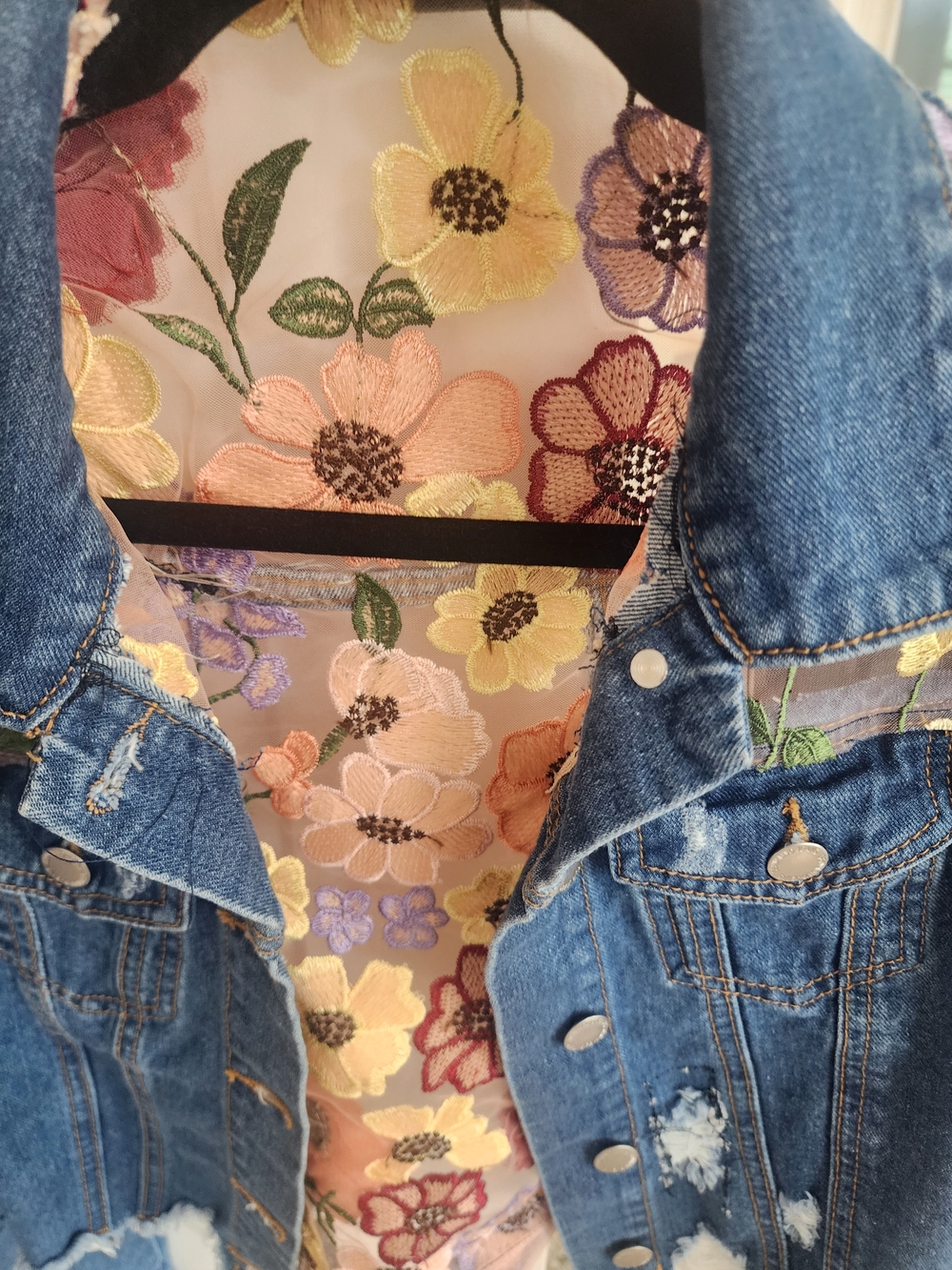 Floral Embroidered Sheer-Back Denim Jacket - Multicolor - Picture 9 of 9